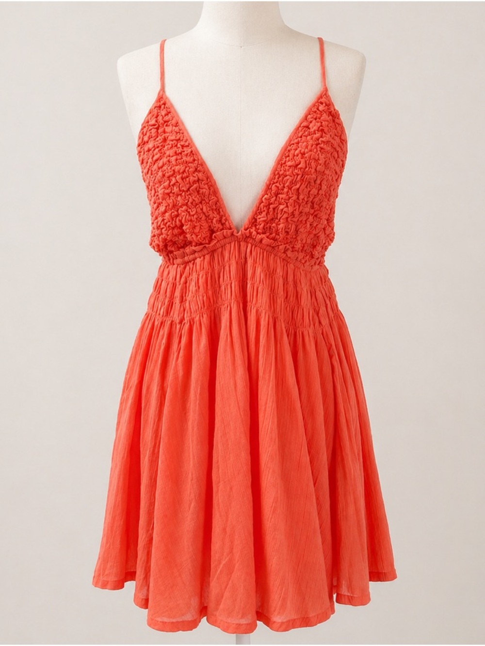 Free People Babydoll Smocked Mini Dress Orange Coral Tropical Nectar L - Picture 2 of 7